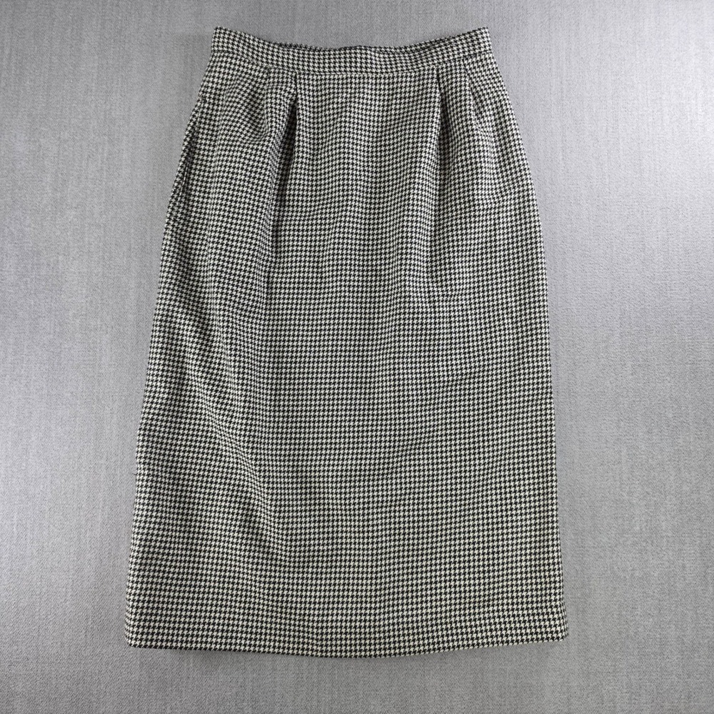Sassco‎ Skirt Women 6 Black White Houndstooth Wool Blend High Waist Midi Vintage
